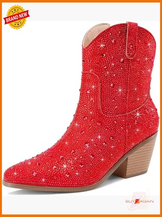 Shoes - Cowgirl Ankle Boots Western Booties Rhinestone Chunky Heel Fashion Side Zipper